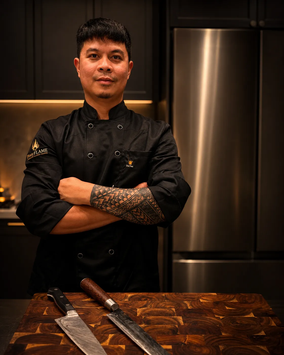 Chef Jessie of PinoyFlame standing in a kitchen with arms crossed