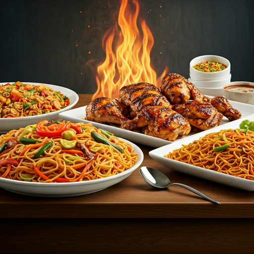 Filipino buffet setup with grilled chicken and noodles