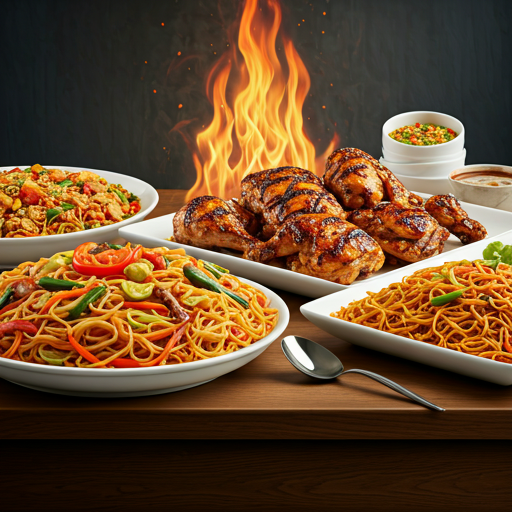 Filipino buffet setup with grilled chicken and noodles
